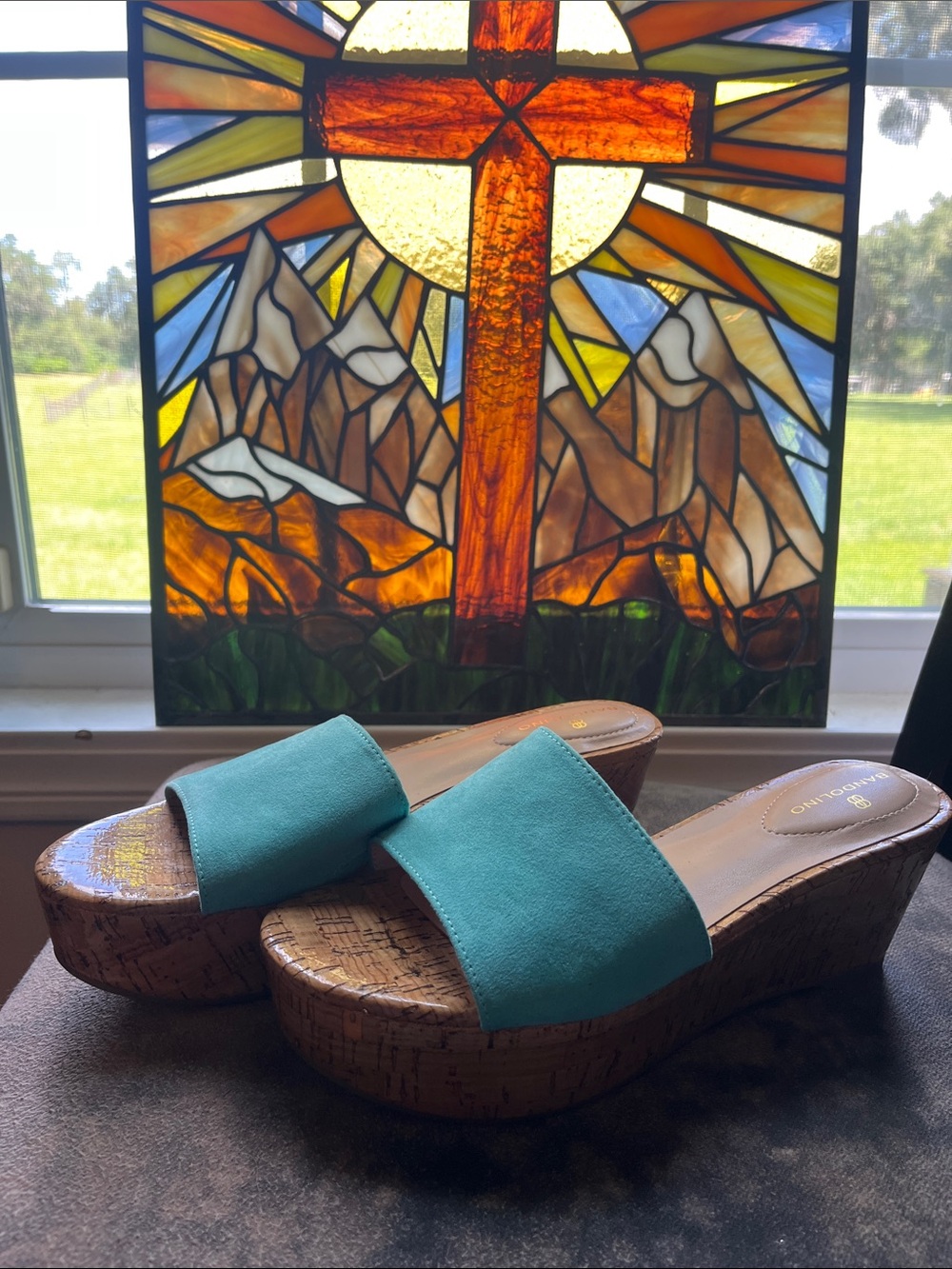 Comfortiva Turquoise Cork Wedge Slide Sandals
